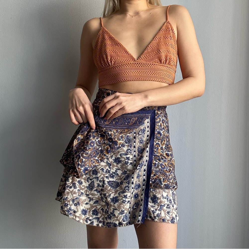 Aus Brand Tree of Life Vintage Floral Satin Saree Wrap Mini Skirt - Navy